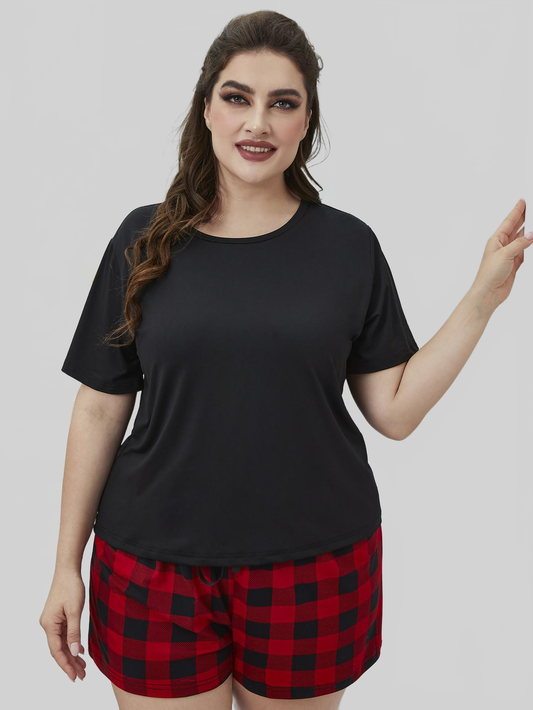 Plus Size Round Neck Tee Shirt and Plaid Shorts Lounge Set nicholesgifts