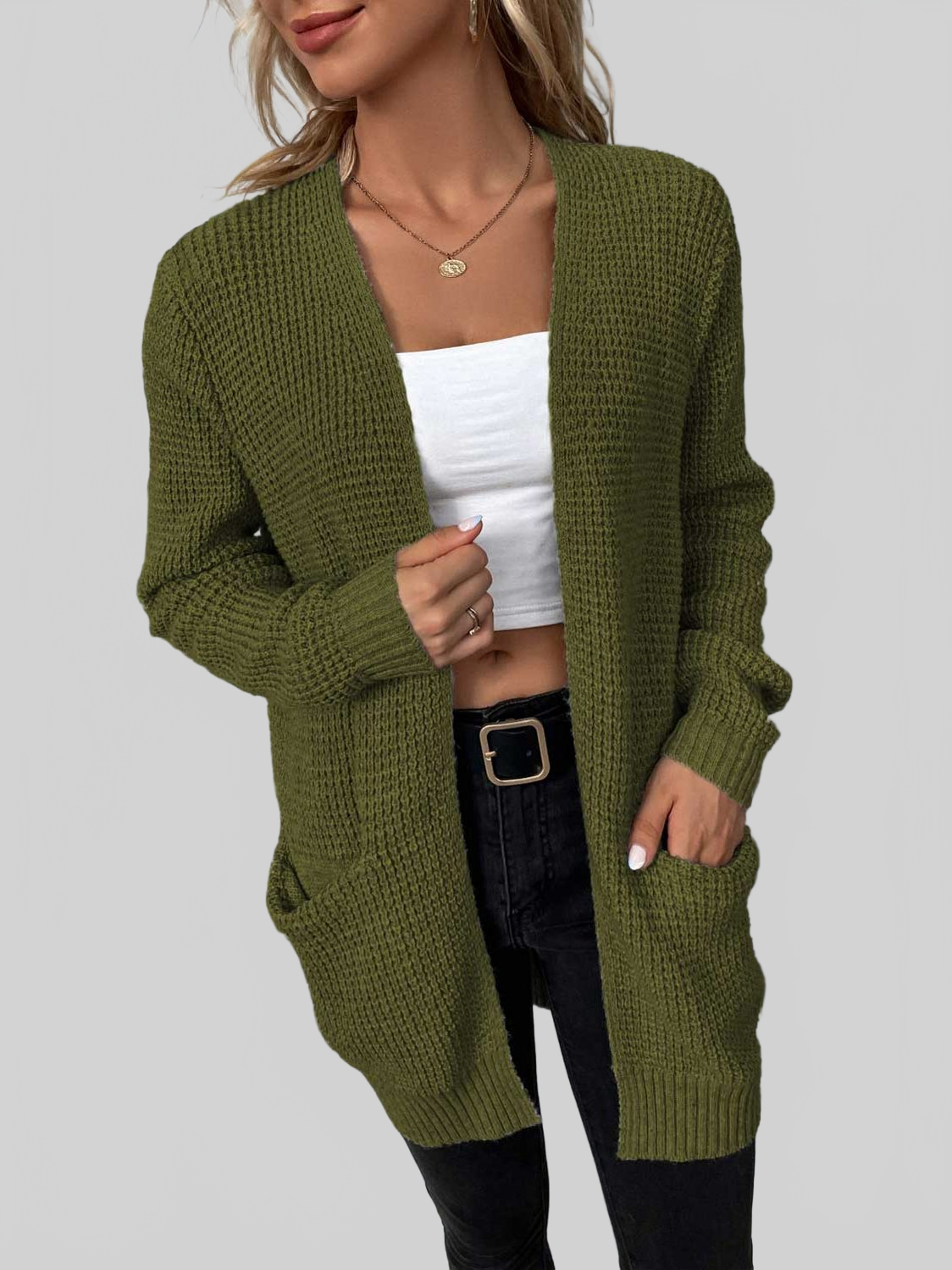Rib-Knit Open Front Pocketed Cardigan nicholesgifts