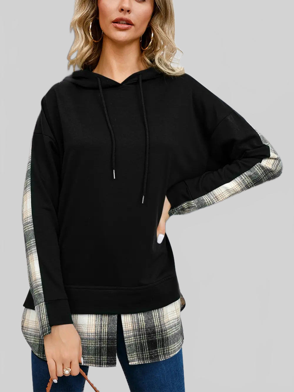 Plaid Drawstring Long Sleeve Slit Hoodie NicholesGifts