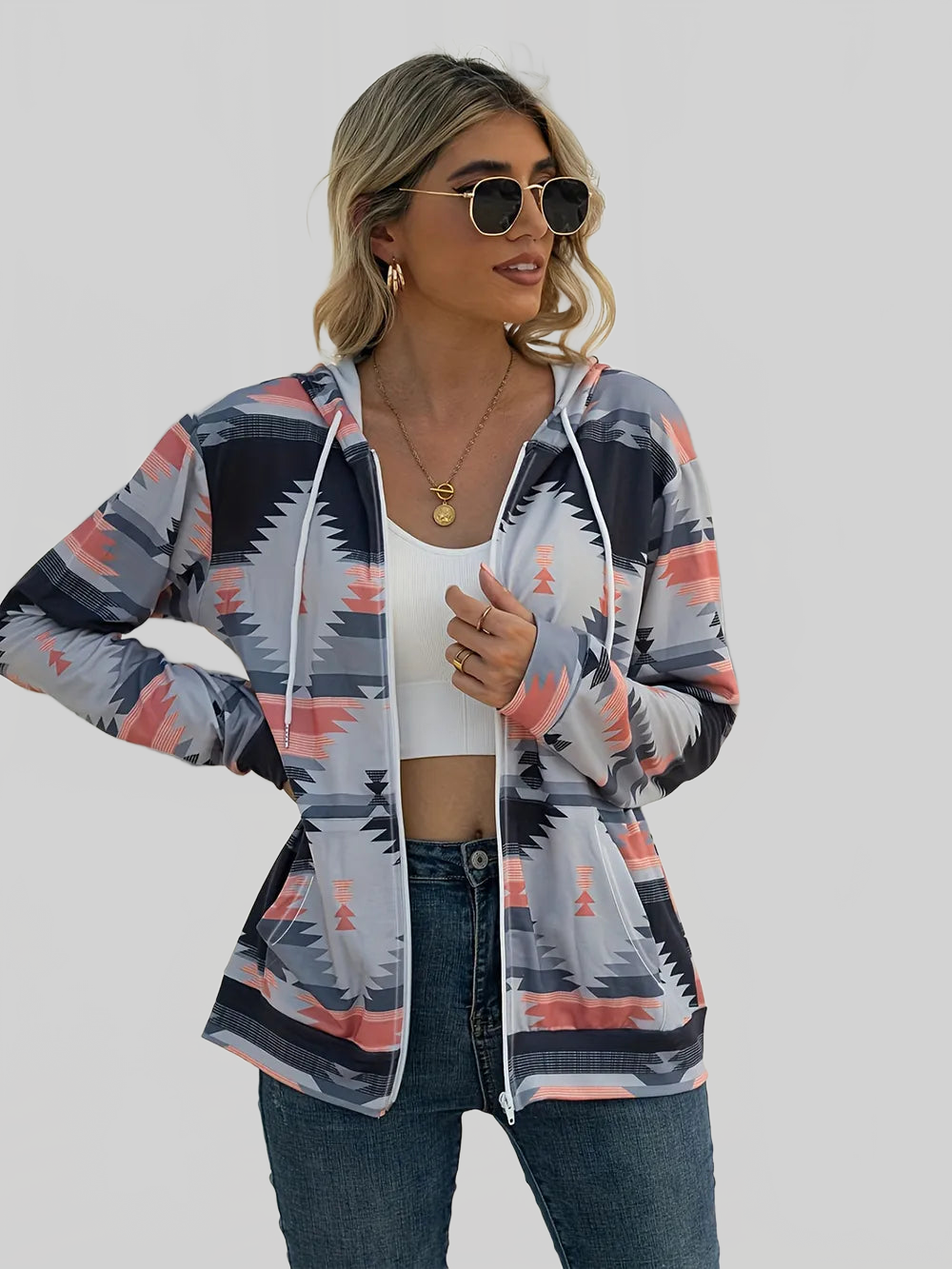 Geometric Zip Up Long Sleeve Hooded Jacket nicholesgifts