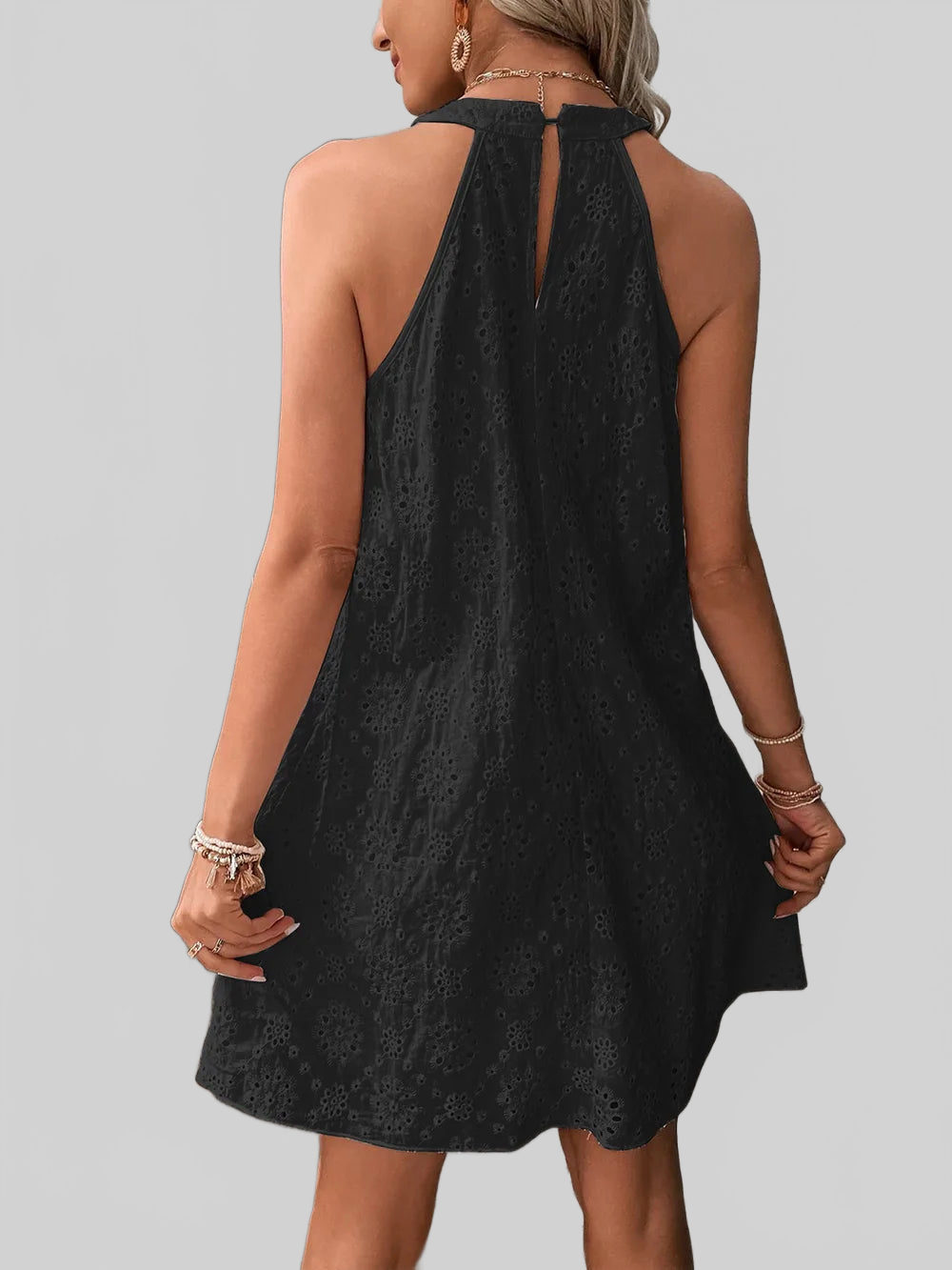 Eyelet Grecian Neck Mini Dress nicholesgifts