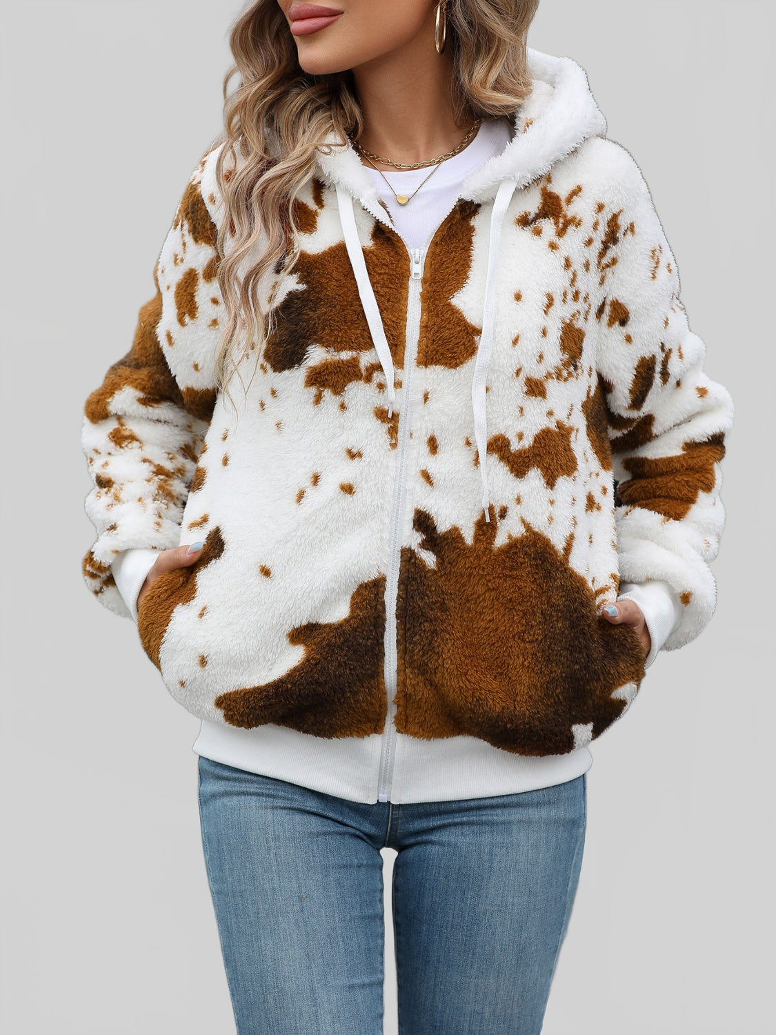 Fuzzy Drawstring Zip Up Hooded Jacket NicholesGifts