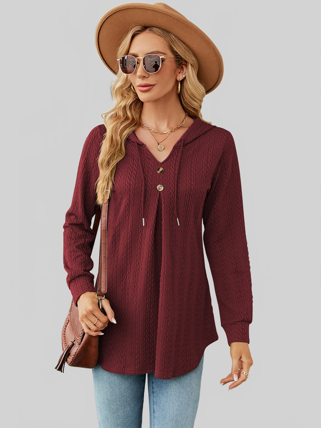 Women Decorative Button Drawstring Long Sleeve Hoodie nicholesgifts