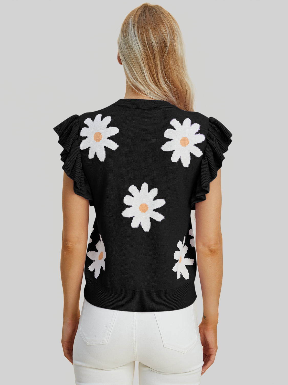 Women Double Take Full Size Ruffled Flower Round Neck Cap Sleeve Black Top NicholesGifts