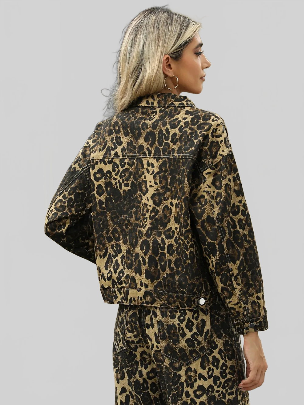 Pocketed Leopard Long Sleeve Denim Jacket nicholesgifts