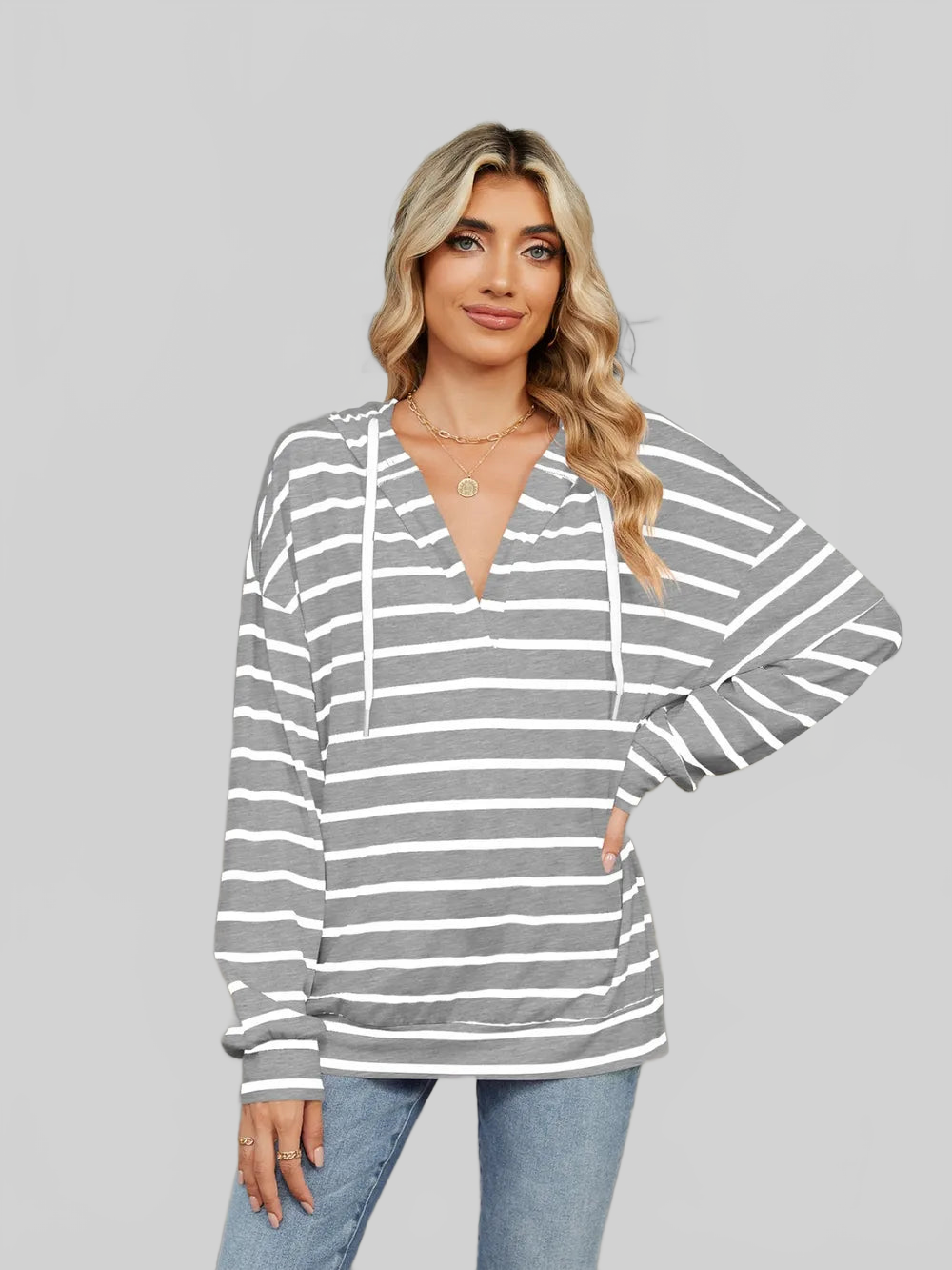Drawstring Striped Long Sleeve Hoodie NicholesGifts