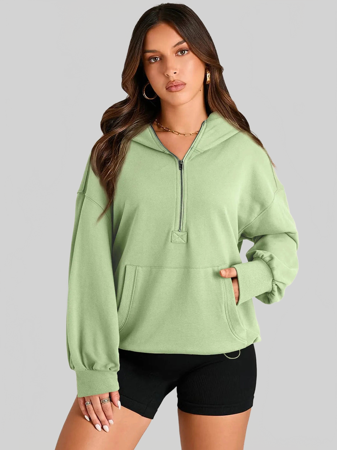 Pocketed Half Zip Long Sleeve Hoodie NicholesGifts