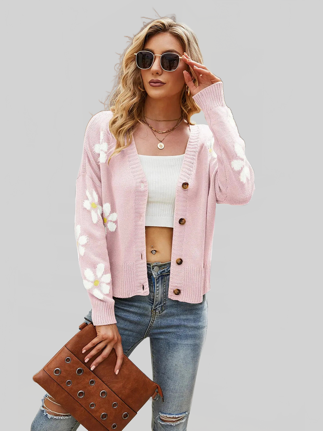 Women Flower Pattern Button Front Cardigan nicholesgifts