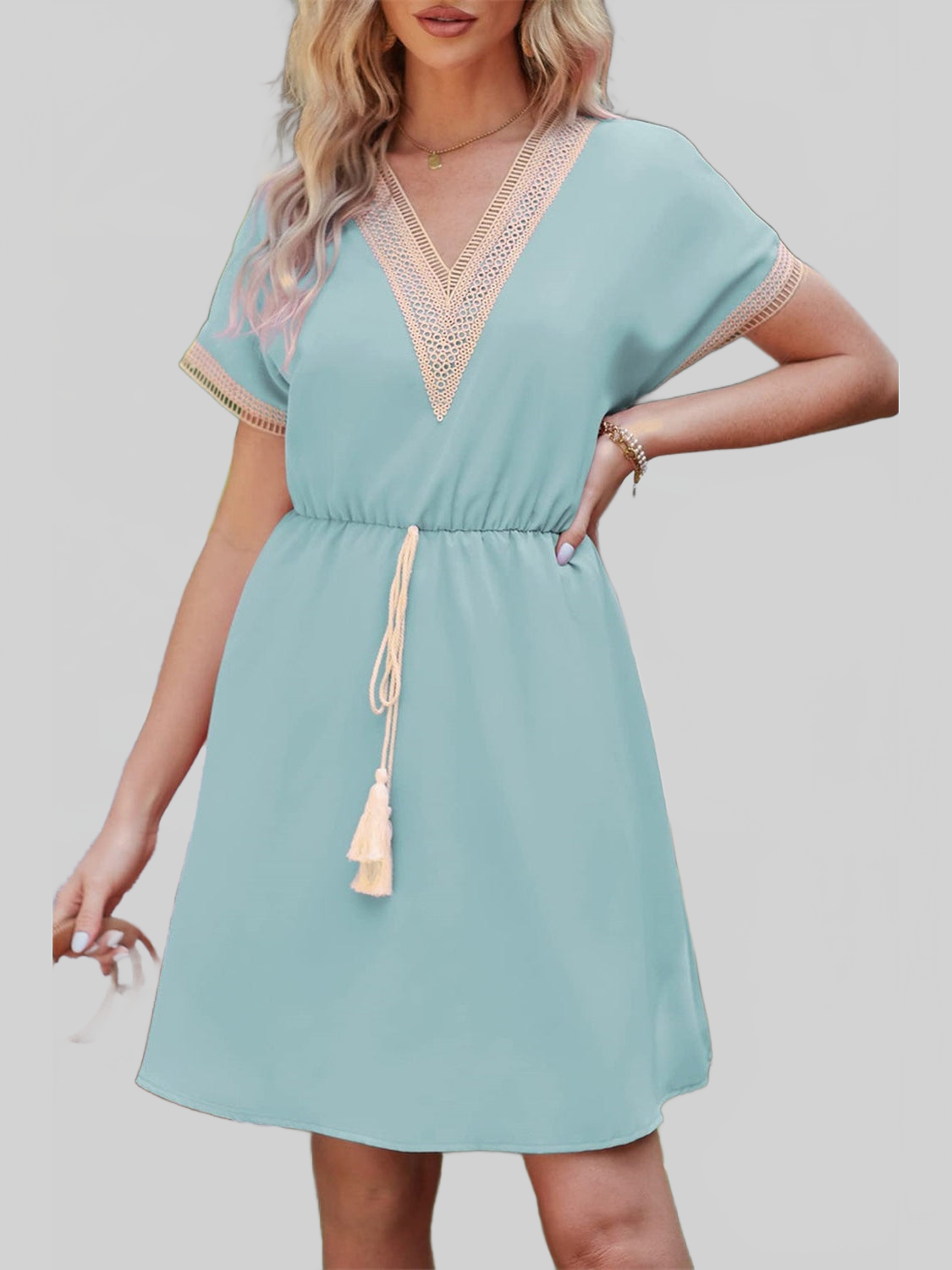 Women Tassel V-Neck Short Sleeve Summer Dress nicholesgifts