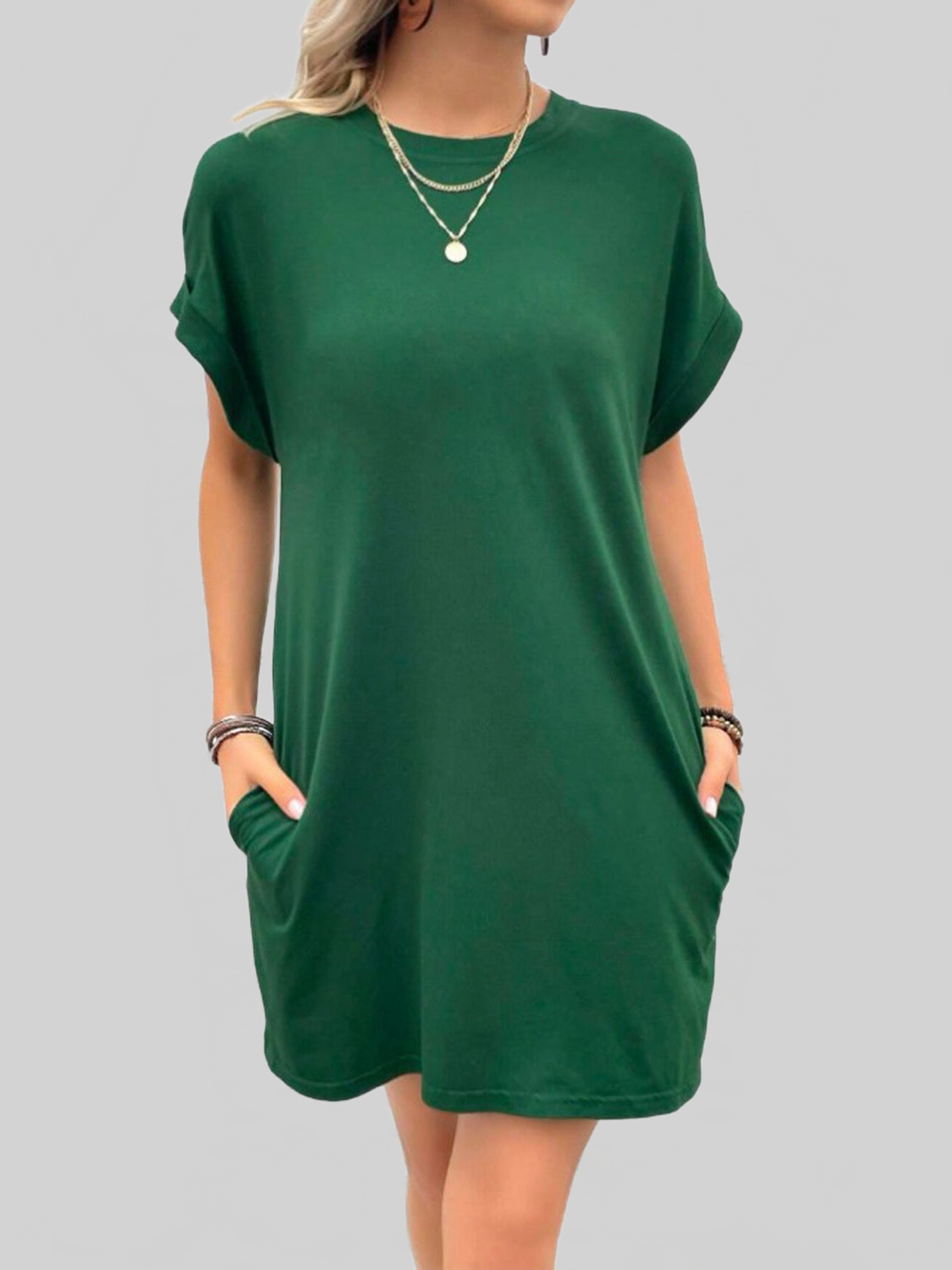 Women Pocketed Round Neck Short Sleeve Dress NicholesGifts