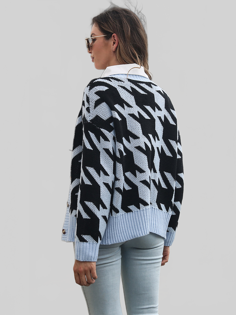 Women Houndstooth Button Down Cardigan nicholesgifts