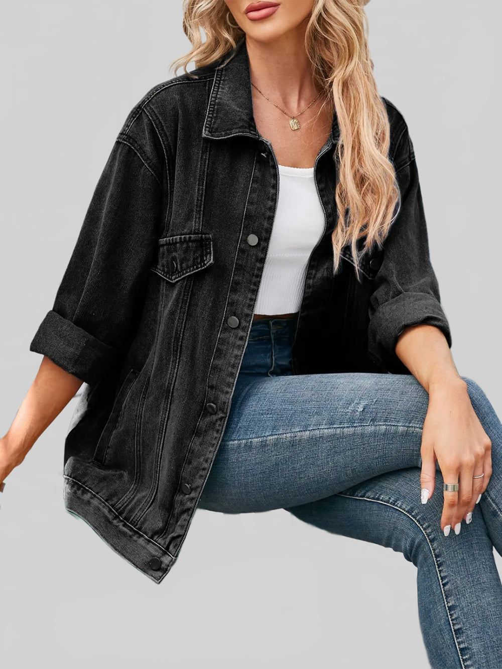 Button Up Long Sleeve Denim Jacket nicholesgifts