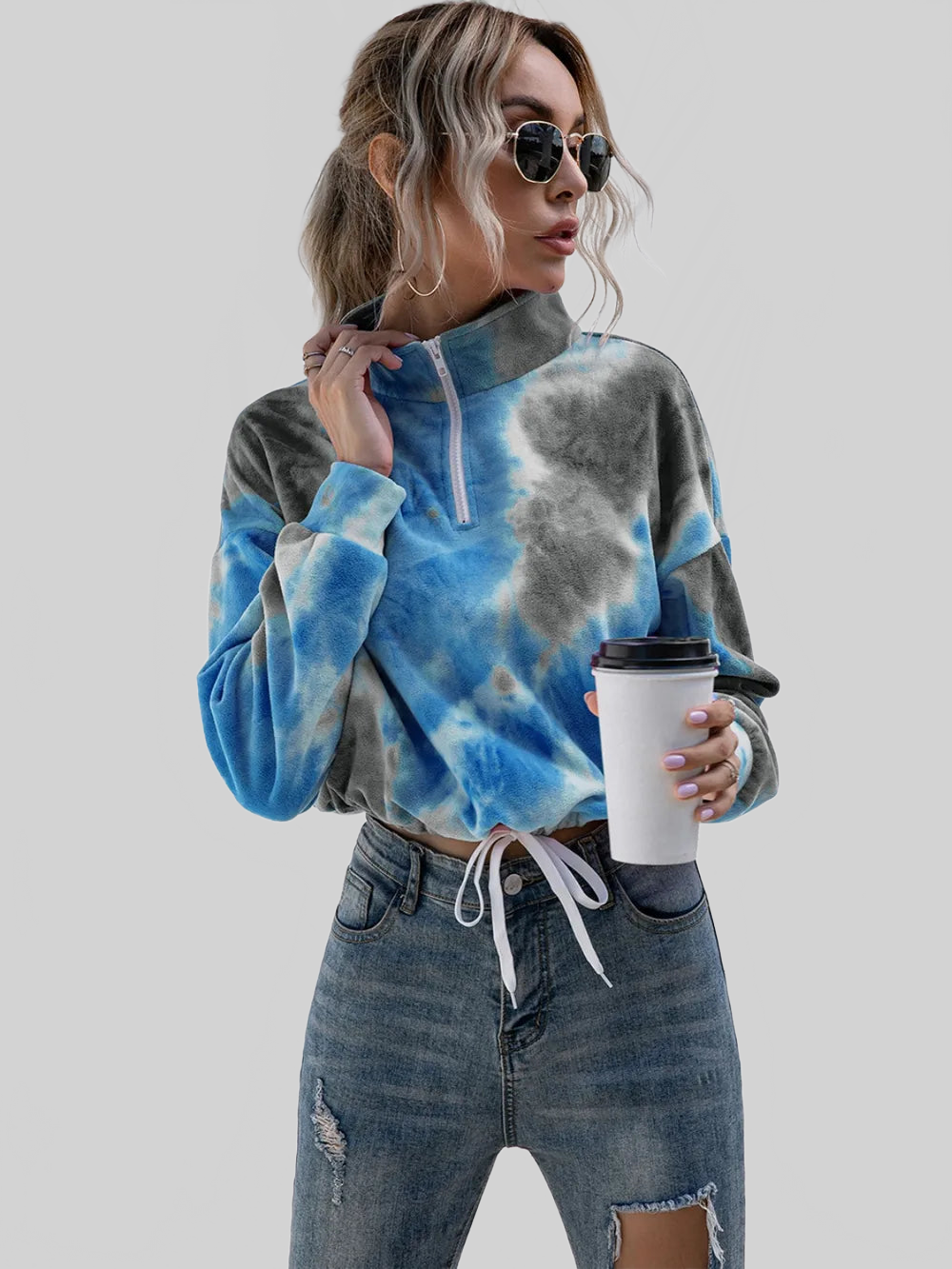 Women Ivy Lane Tie-Dye Quarter Zip Dropped Shoulder Sweatshirt nicholesgifts