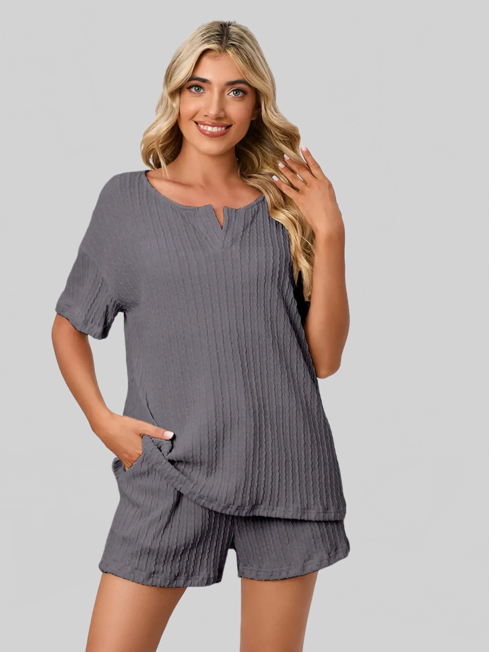 Notched Short Sleeve and Shorts Lounge Set nicholesgifts
