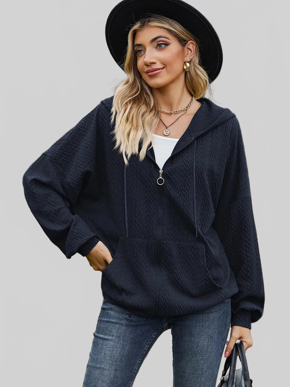 Drawstring Zip Up Dropped Shoulder Hoodie nicholesgifts