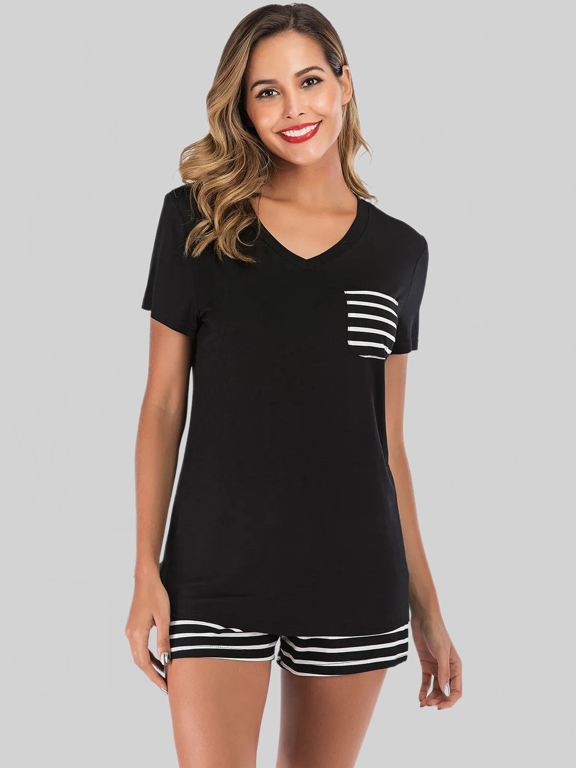 Striped Short Sleeve Top and Shorts Lounge Set nicholesgifts