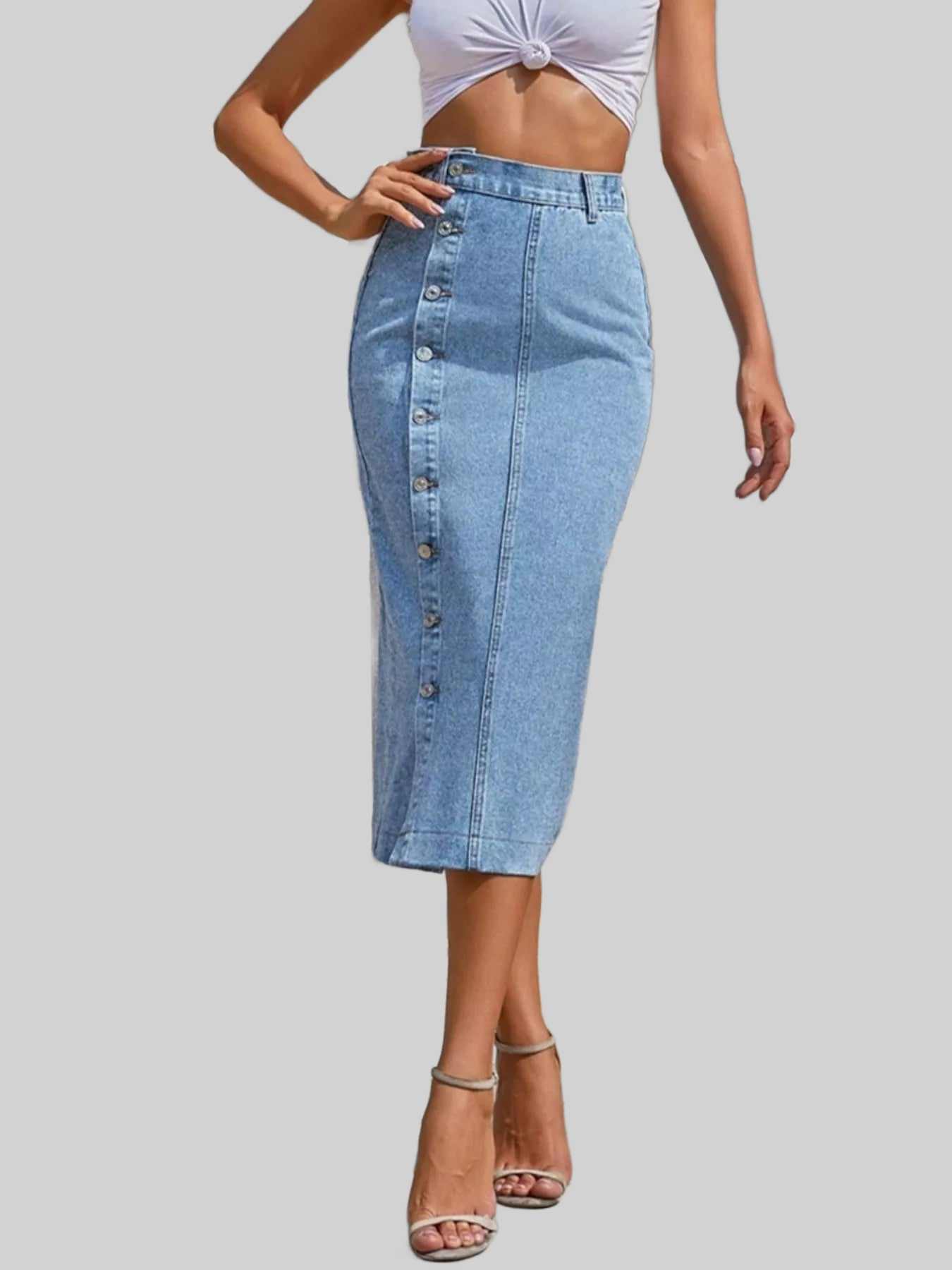 Women Button-Front Denim Skirt nicholesgifts