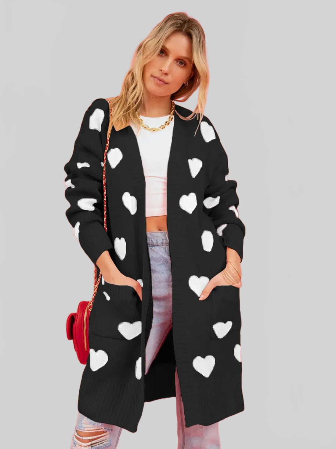 Women Heart Graphic Open Front Cardigan with Pockets nicholesgifts