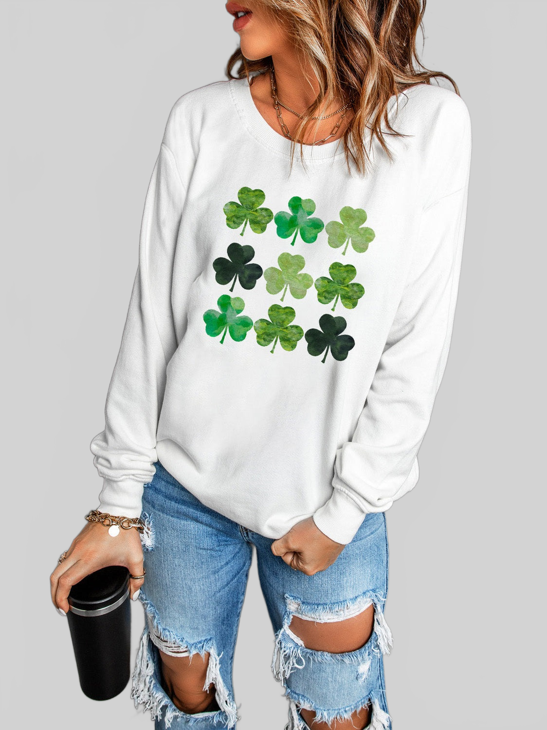 Women Lucky Clover Round Neck Dropped Shoulder Sweatshirt NicholesGifts