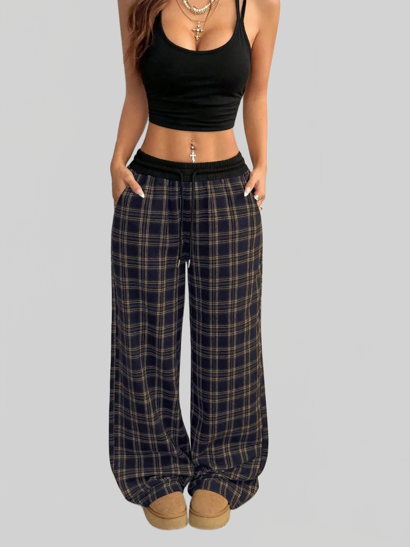 Women Plaid Wide Leg Pants with Drawstring Waist nicholesgifts