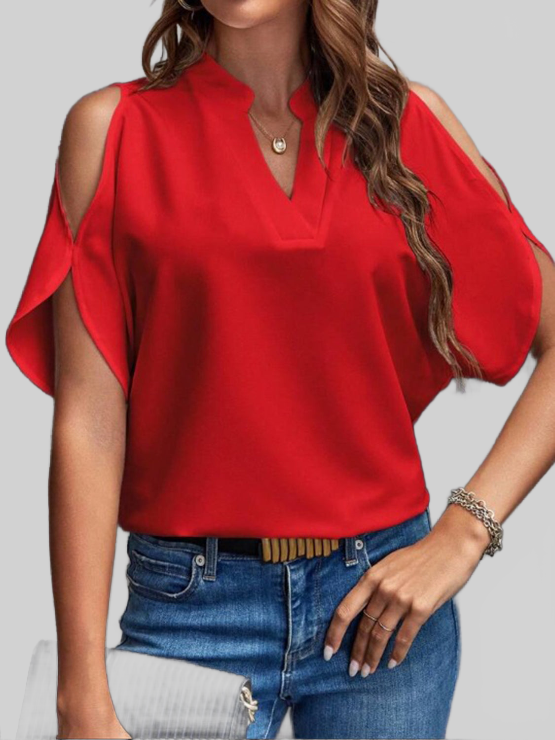 Notched Cold Shoulder Half Sleeve Blouse nicholesgifts
