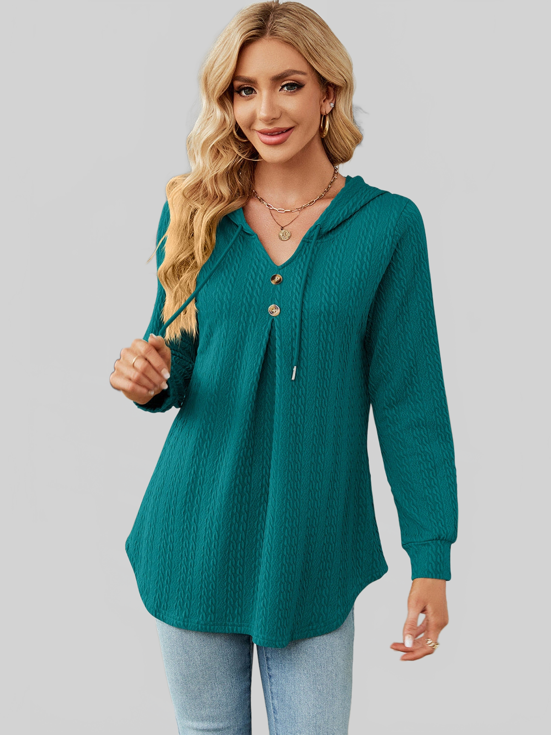 Women Decorative Button Drawstring Long Sleeve Hoodie nicholesgifts
