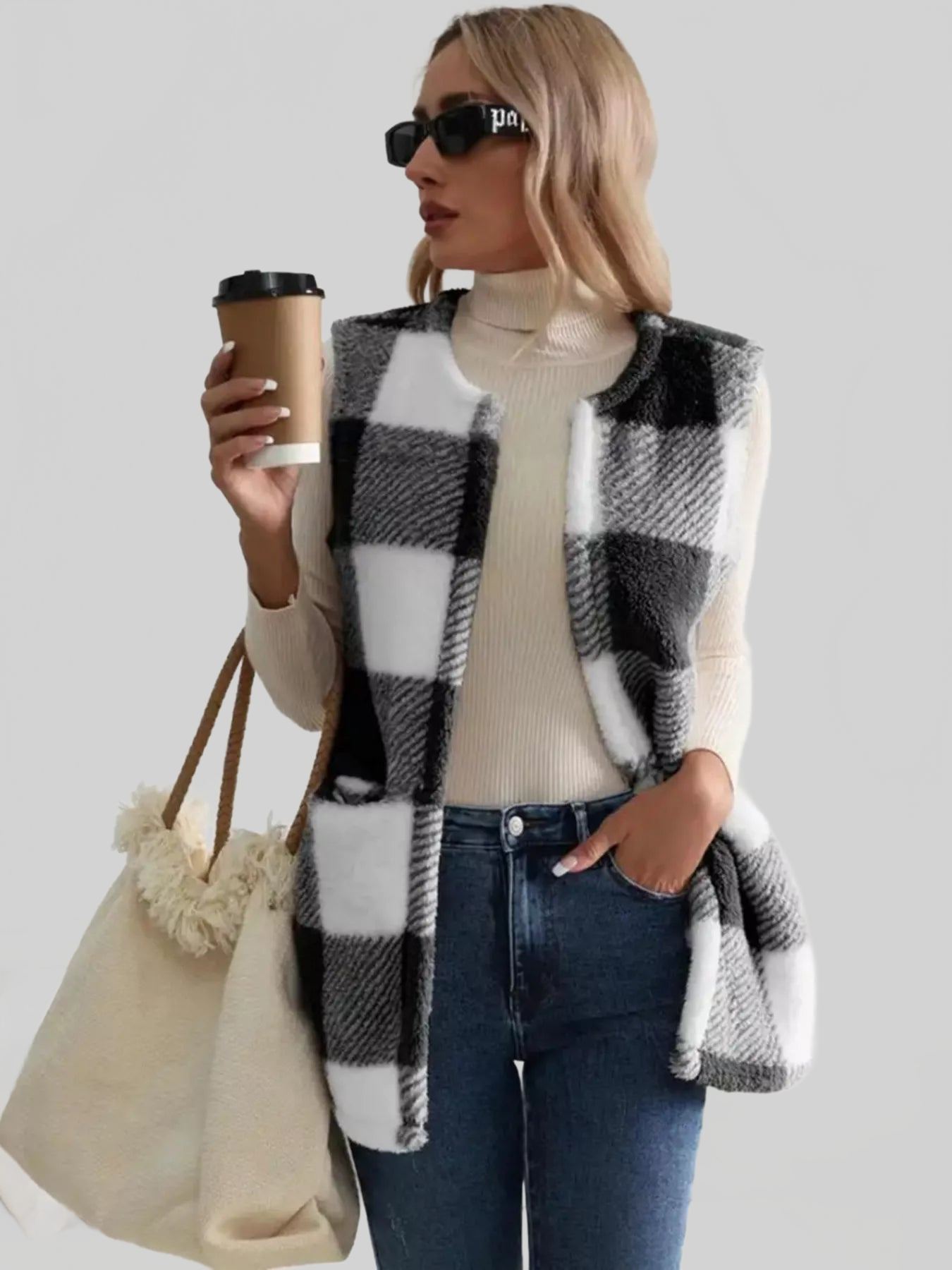 Women Cozy Plaid Sherpa Vest Coat nicholesgifts