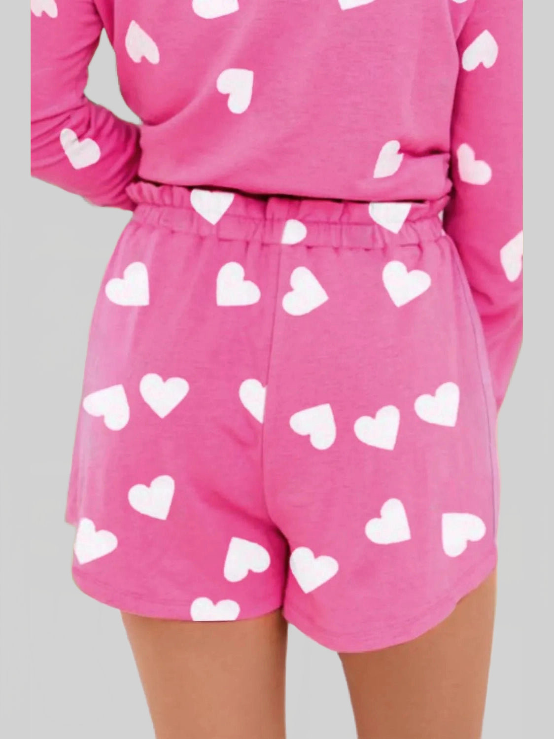 Heart Round Neck Long Sleeve Top and Elastic Waist Shorts Set nicholesgifts