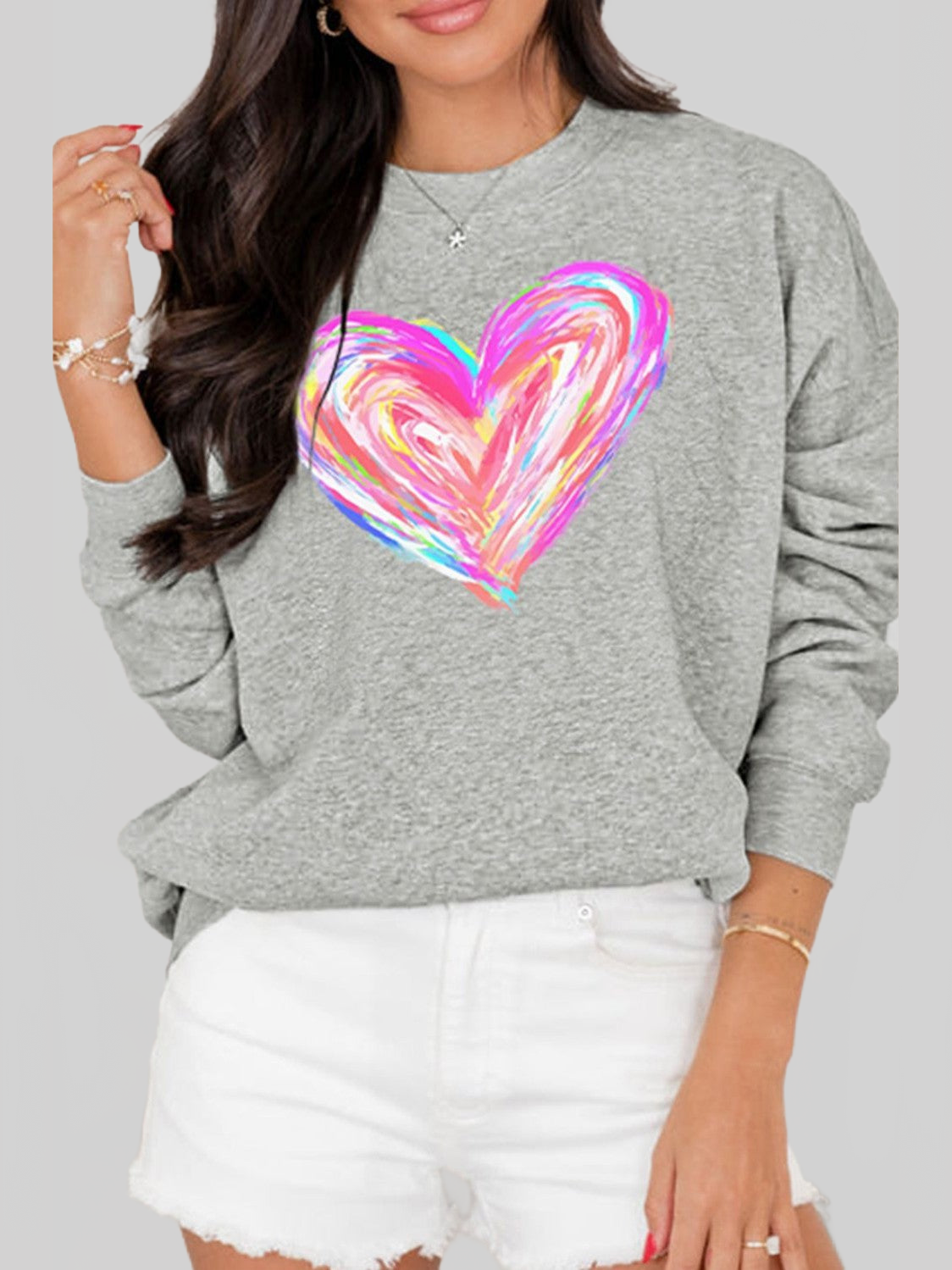 Women Valentine’s Day Heart Round Neck Drop Shoulder Sweatshirt NicholesGifts