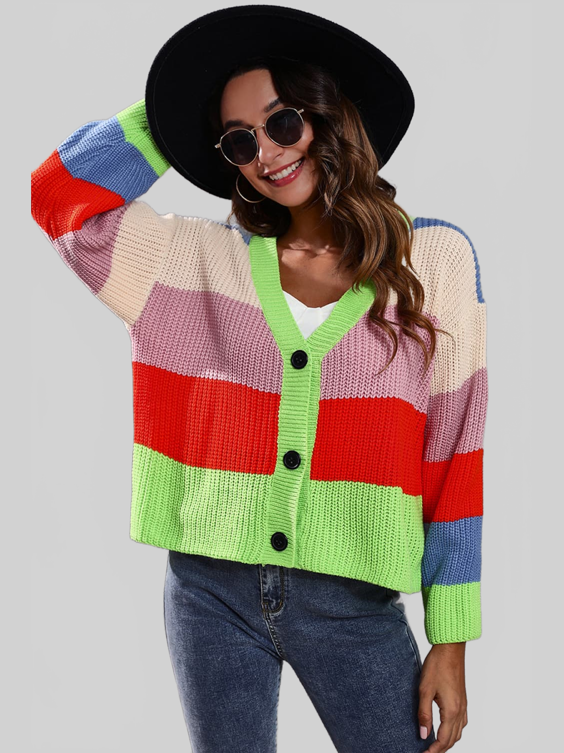 Color Block Button-Down Dropped Shoulder Cardigan nicholesgifts
