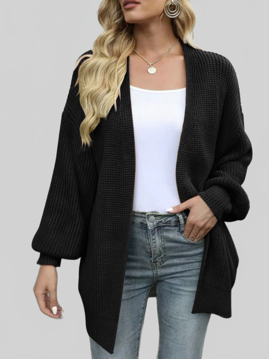 Drop Shoulder Balloon Sleeve Cardigan nicholesgifts
