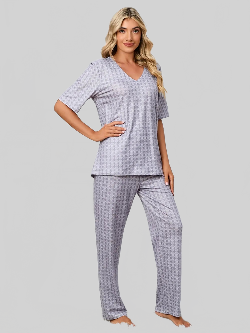 Printed V-Neck Top and Pants Lounge Set nicholesgifts