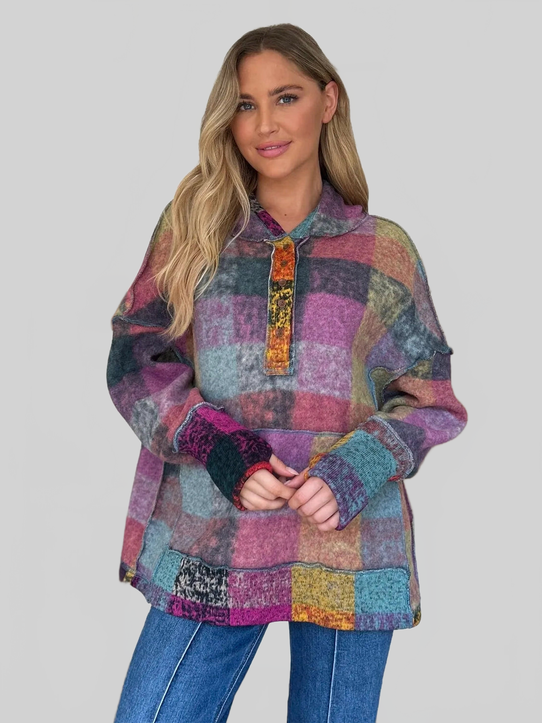 Double Take Full Size Plaid Dropped Shoulder Fleece Hoodie NicholesGifts