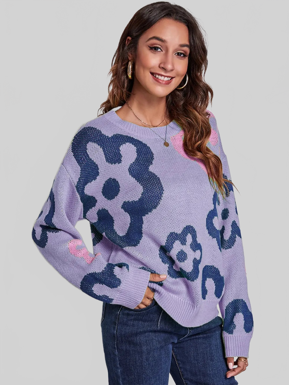 Flower Pattern Round Neck Long Sleeve Sweater nicholesgifts