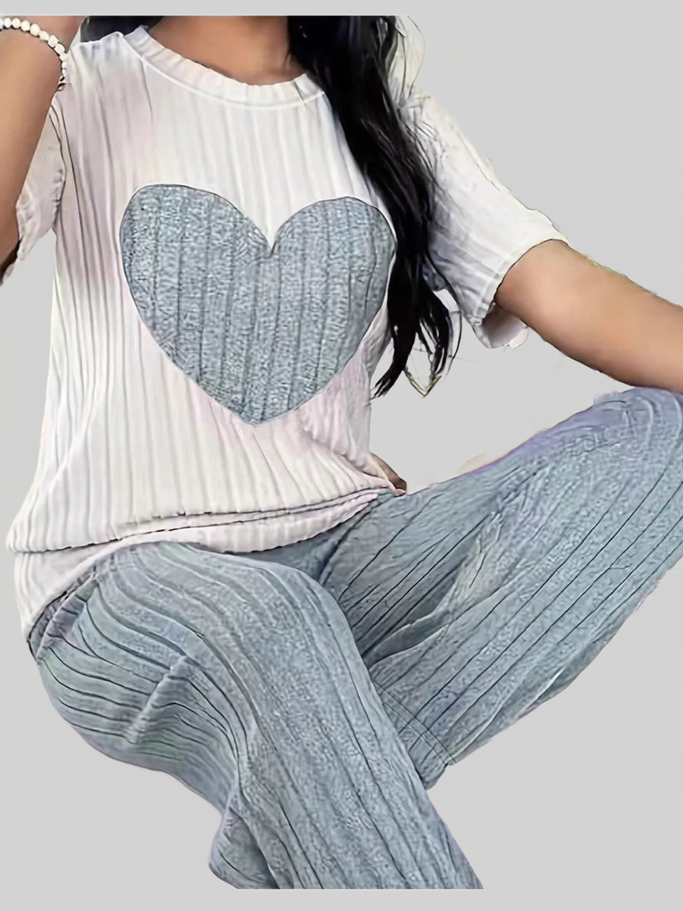 Heart Ribbed Knit Top and Pants Lounge Set nicholesgifts