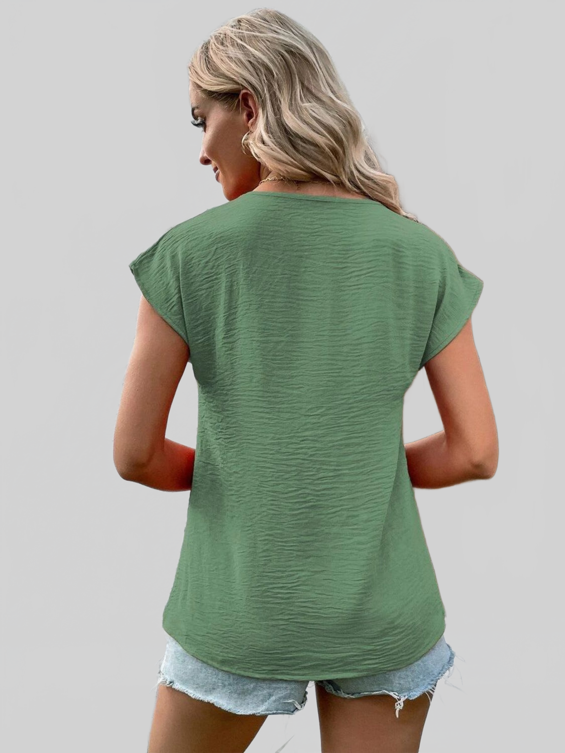 Decorative Button V-Neck Short Sleeve Blouse nicholesgifts
