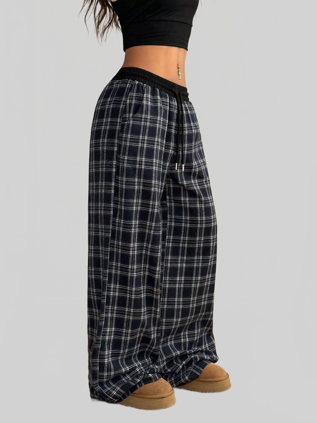 Women Plaid Wide-Leg Pants with Elastic Waistband nicholesgifts