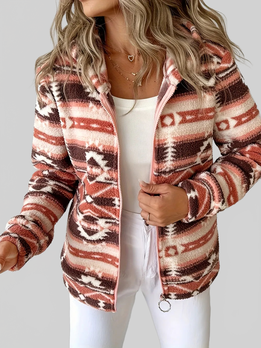 Geometric Zip Up Long Sleeve Hooded Jacket nicholesgifts