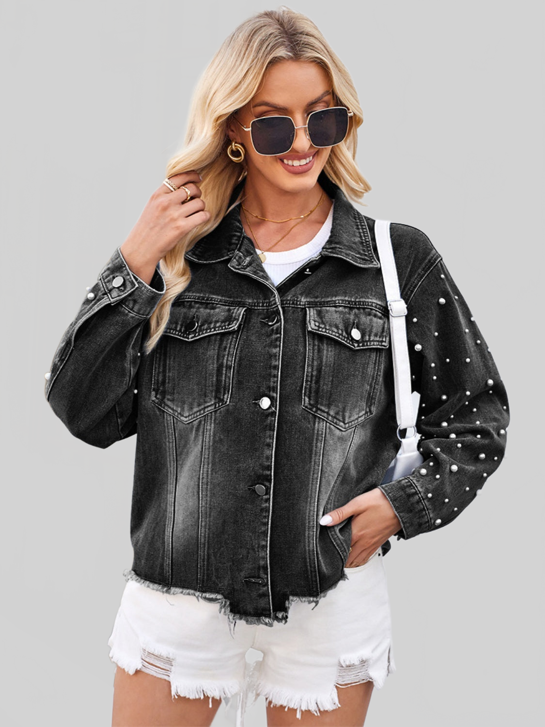 Pearl Trim Raw Hem Denim Jacket NicholesGifts