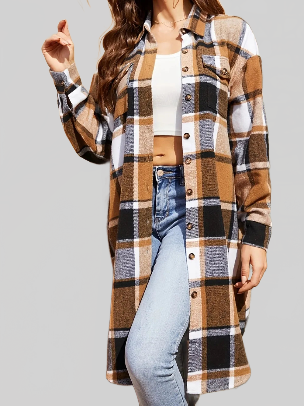 Plaid Collared Neck Long Sleeve Jacket NicholesGifts
