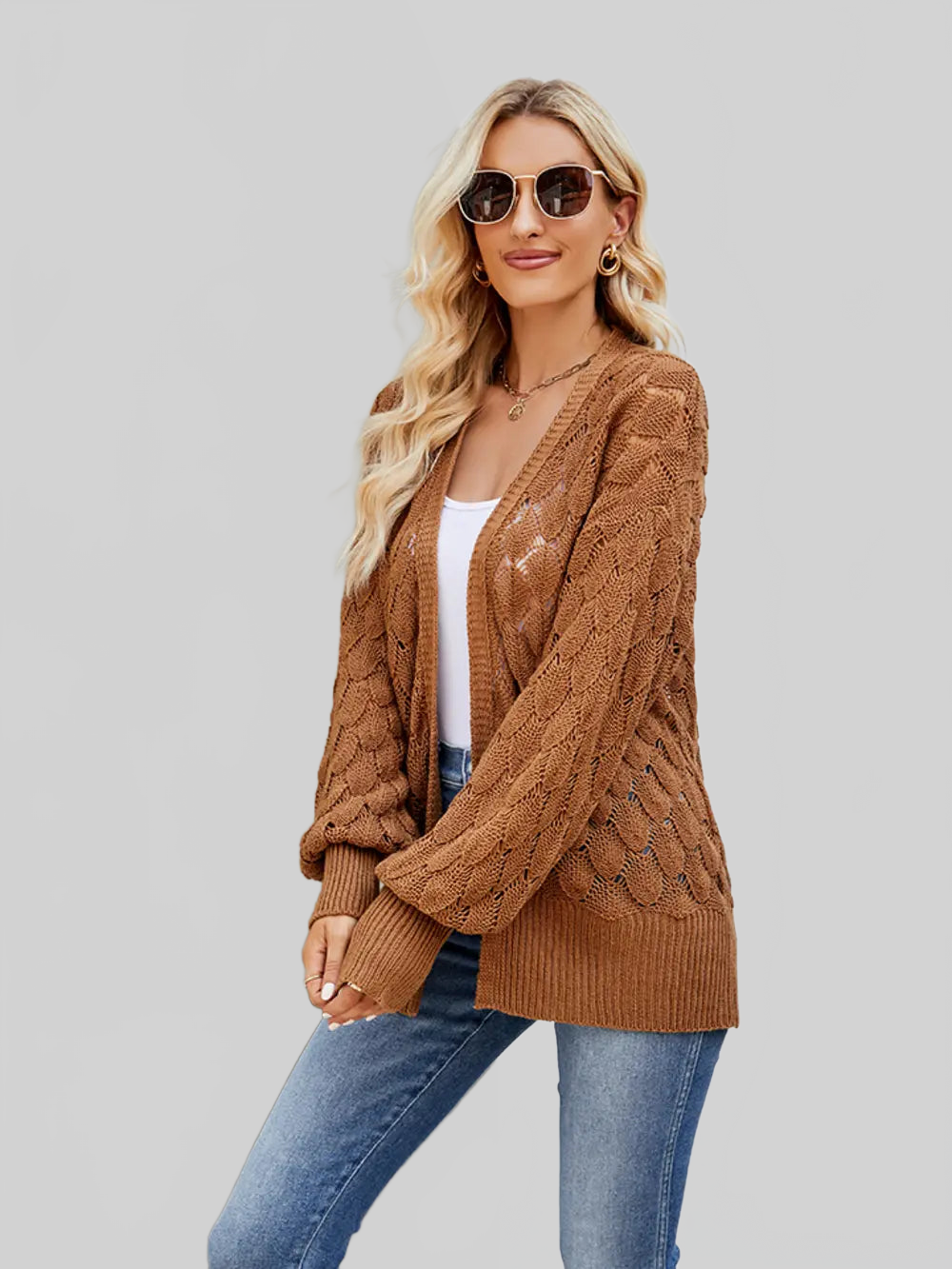 Women Openwork Open Front Lantern Sleeve Cardigan nicholesgifts
