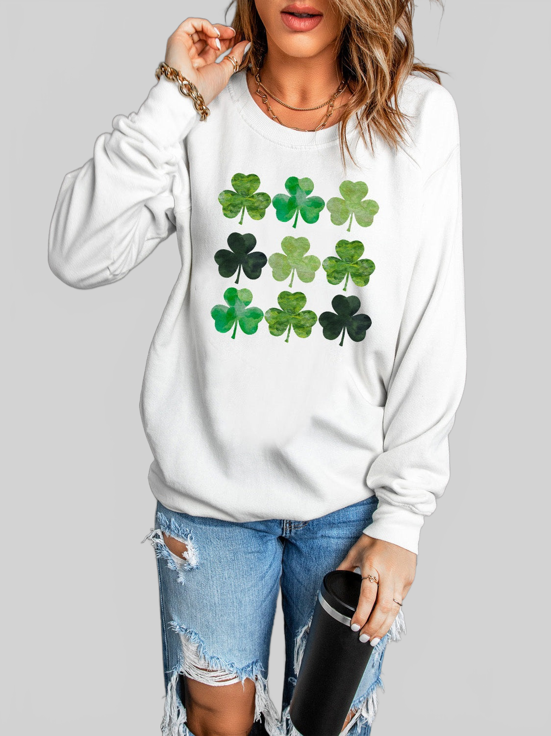 Women Lucky Clover Round Neck Dropped Shoulder Sweatshirt NicholesGifts