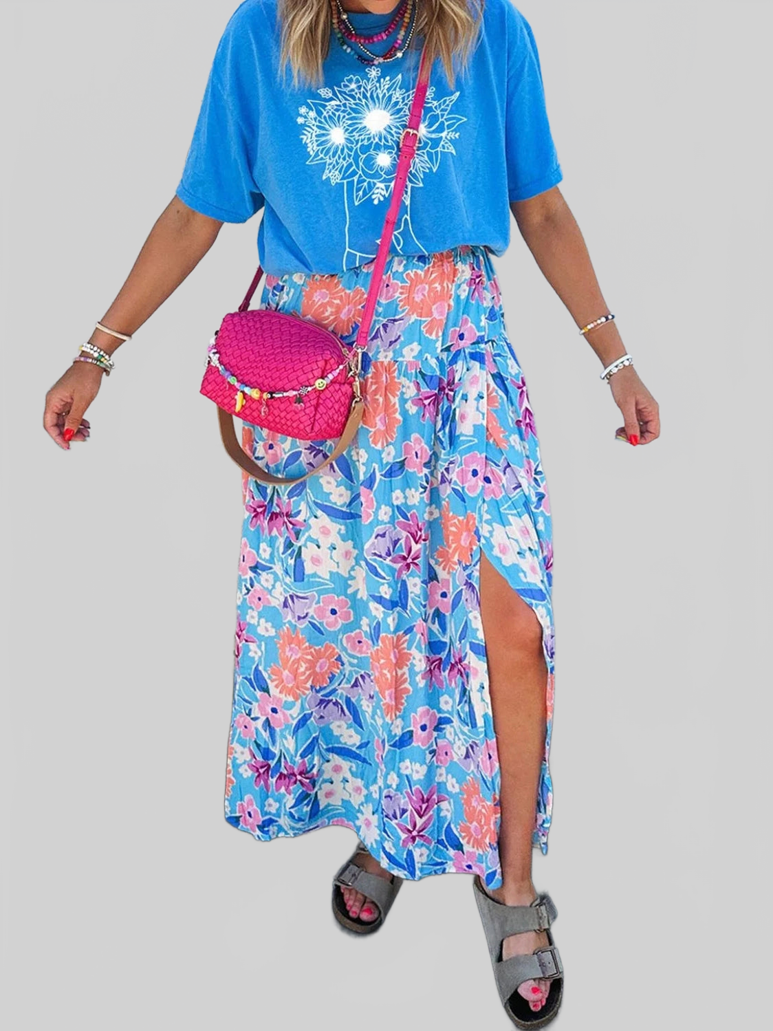 Floral Printed High Waist Split Skirt nicholesgifts