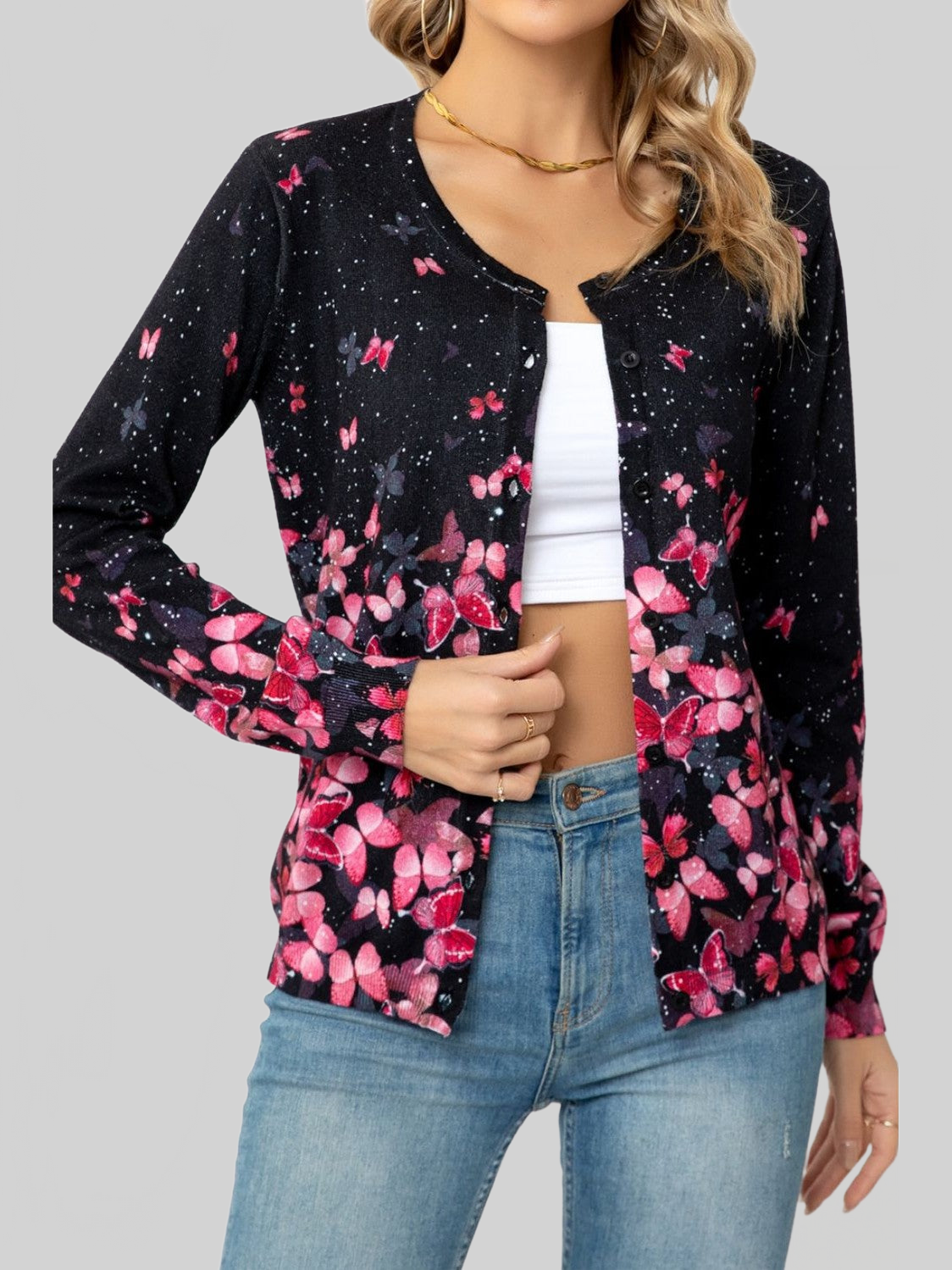 Woven Right Floral Button Front Round Neck Cardigan nicholesgifts