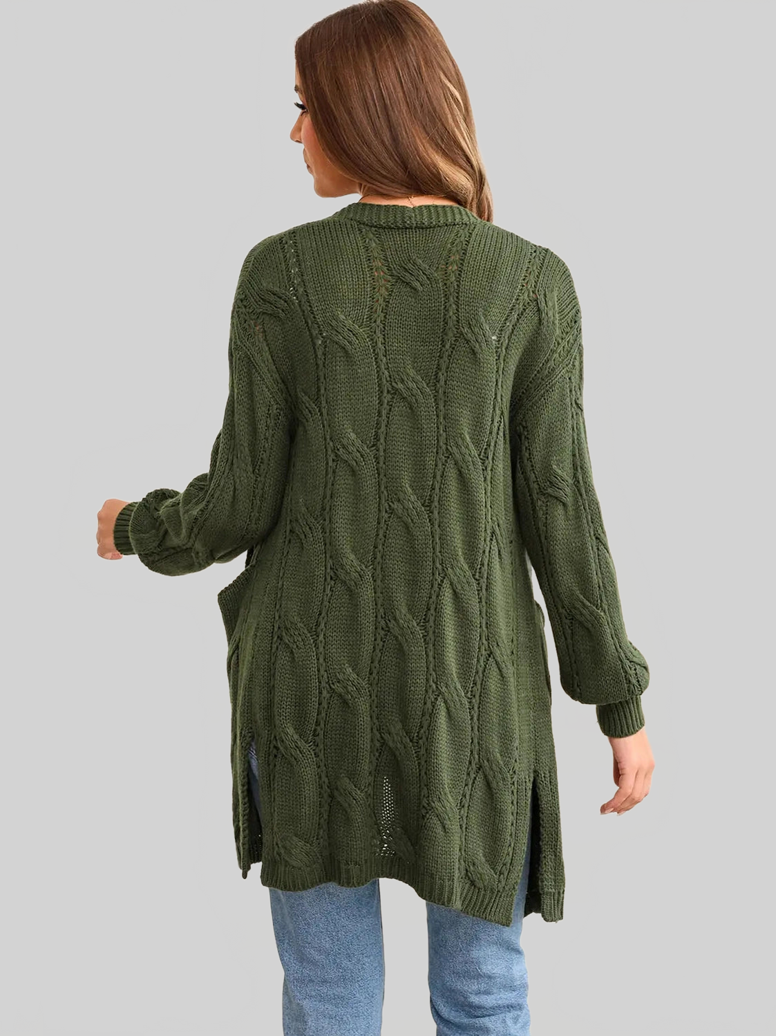 Women Cable-Knit Dropped Shoulder Slit Cardigan nicholesgifts