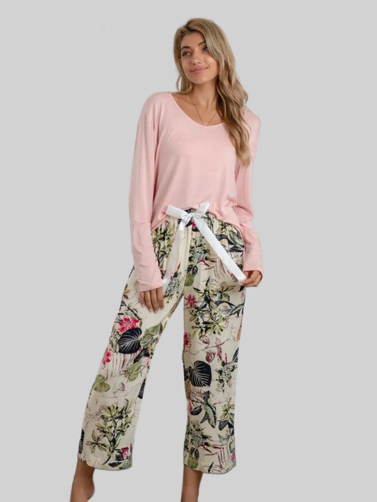 Round Neck Top and Printed Pants Lounge Set nicholesgifts