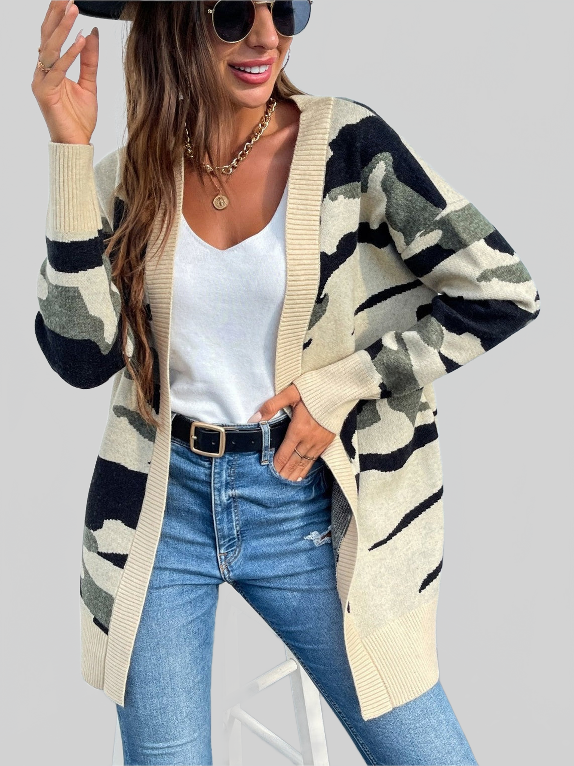 Women Camouflaged Dropped Shoulder Open Front Cardigan NicholeGifts