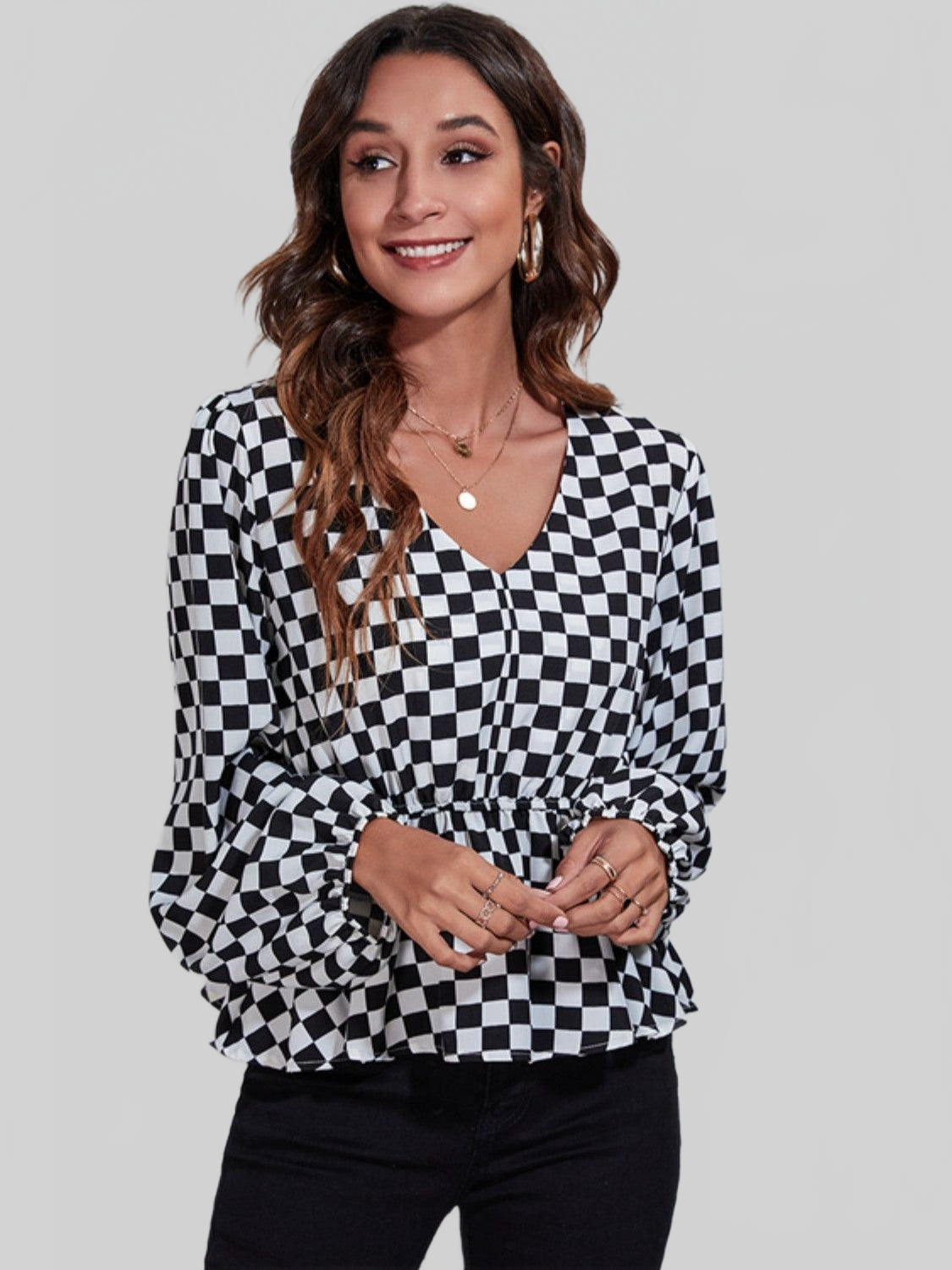 Women Checkered V-Neck Balloon Sleeve Peplum Blouse NicholesGifts