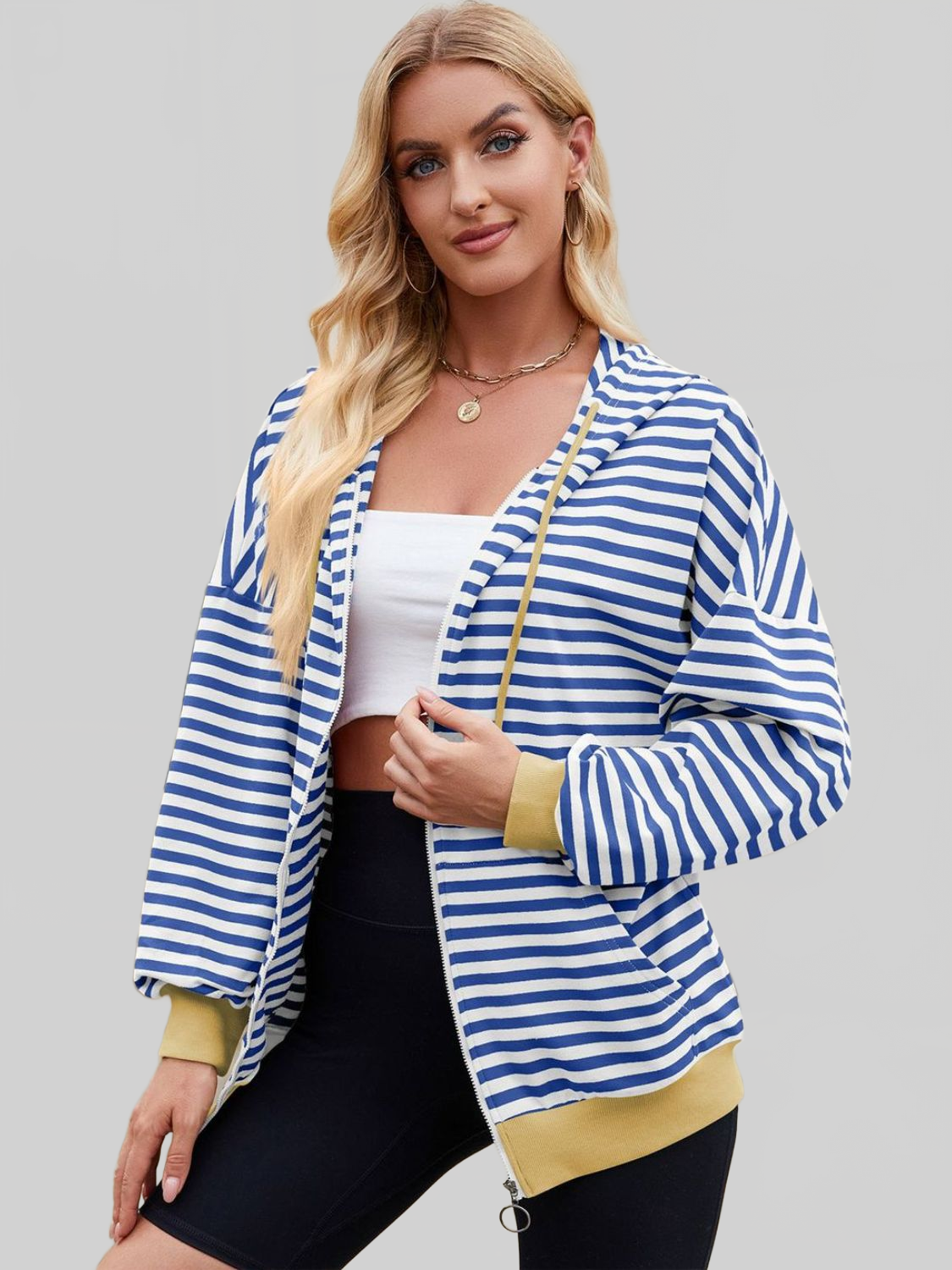 Women Drawstring Striped Zip Up Long Sleeve Hoodie nicholesgifts