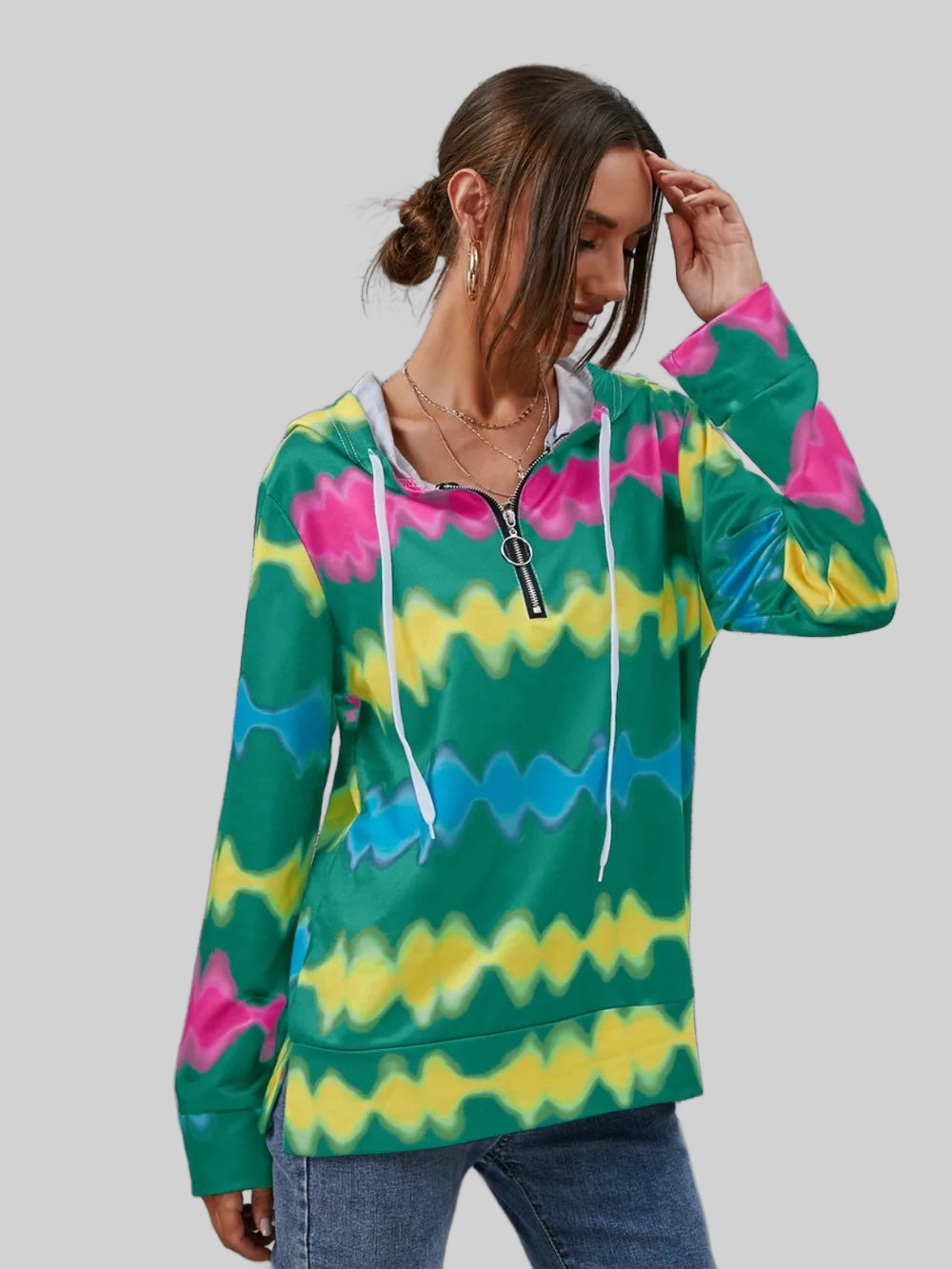 Contrast Quarter Zip Dropped Shoulder Hoodie NicholesGifts